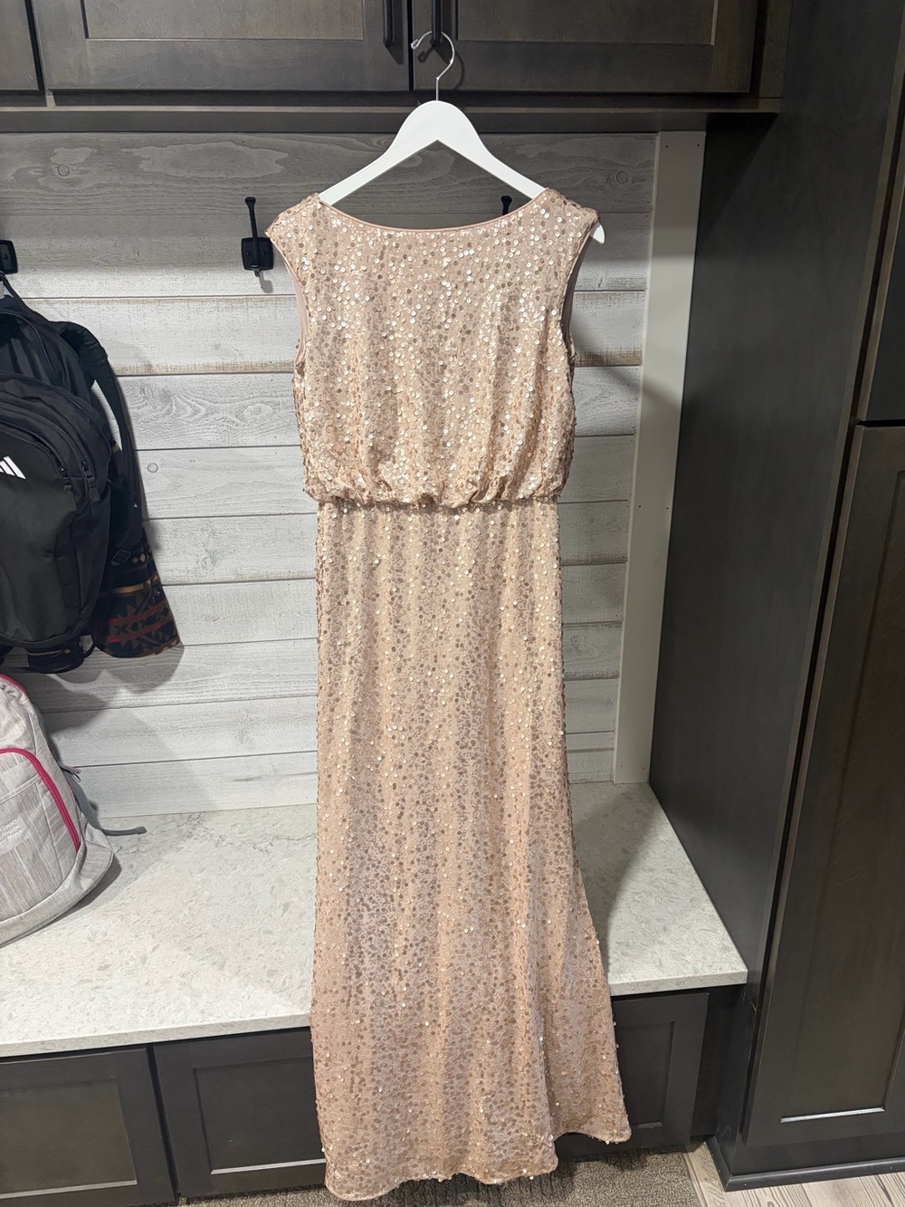 David’s Bridal Champagne Sequin Formal Maxi Dress M